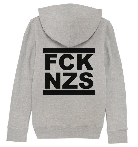 N.O.S.W. BLOCK Gegen Rechts Hoodie "FCK NZS" beidseitig bedruckter Kids Organic Kapuzenpullover heather grau