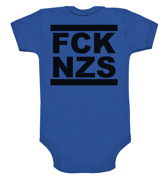 N.O.S.W. BLOCK Gegen Rechts Hoodie "FCK NZS" beidseitig bedruckter Organic Baby Bodysuite cobalt blue organic
