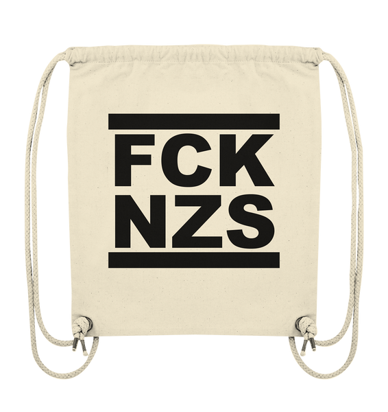 N.O.S.W. BLOCK Gegen Rechts Gym Bag "FCK NZS" beidseitig bedruckter Organic Turnbeutel natural raw