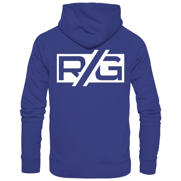 RIOT//GROUNDS Hoodie "R//G kurve.kultur.kaos." beidseitig bedruckter Organic Kapuzenpullover worker blue
