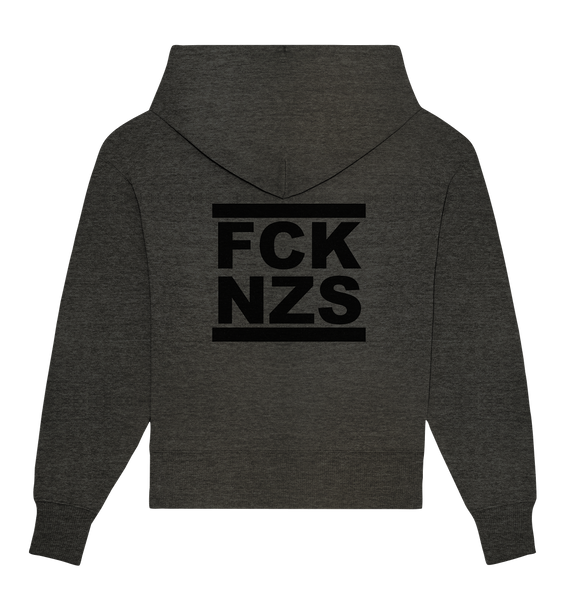 N.O.S.W. BLOCK Gegen Rechts Hoodie "FCK NZS" beidseitig bedruckter Frauen Organic Oversize Kapuzenpullover dark heather grau