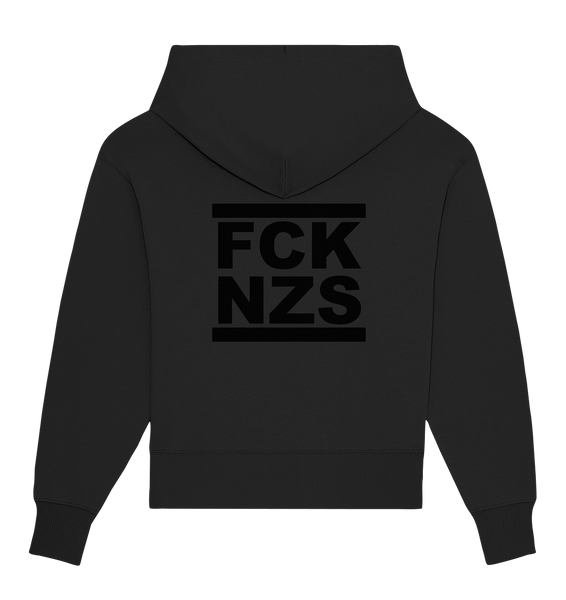 N.O.S.W. BLOCK Gegen Rechts Hoodie "FCK NZS" beidseitig bedruckter Frauen Organic Oversize Kapuzenpullover schwarz