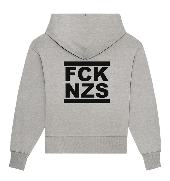 N.O.S.W. BLOCK Gegen Rechts Hoodie "FCK NZS" beidseitig bedruckter Frauen Organic Oversize Kapuzenpullover heather grau