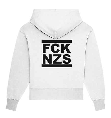 N.O.S.W. BLOCK Gegen Rechts Hoodie "FCK NZS" beidseitig bedruckter Frauen Organic Oversize Kapuzenpullover weiss
