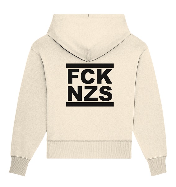 N.O.S.W. BLOCK Gegen Rechts Hoodie "FCK NZS" beidseitig bedruckter Frauen Organic Oversize Kapuzenpullover natural raw