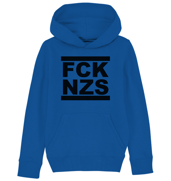 N.O.S.W. BLOCK Gegen Rechts Hoodie "FCK NZS" beidseitig bedruckter Kids Organic Kapuzenpullover blau