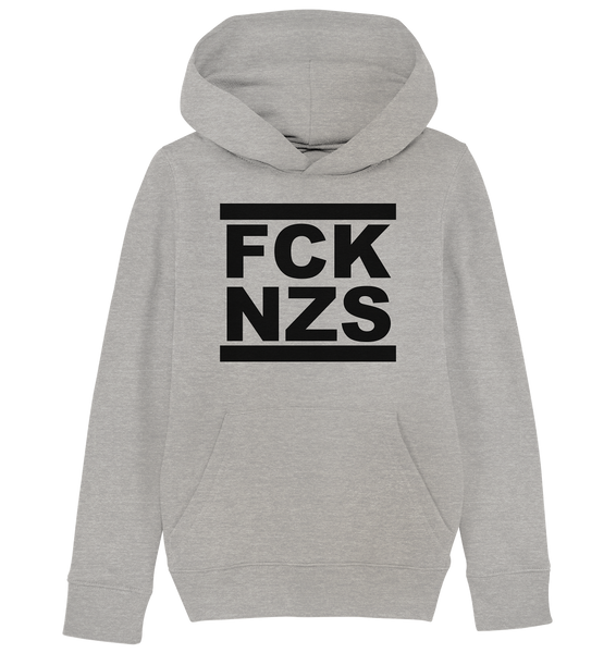 N.O.S.W. BLOCK Gegen Rechts Hoodie "FCK NZS" beidseitig bedruckter Kids Organic Kapuzenpullover heather grau