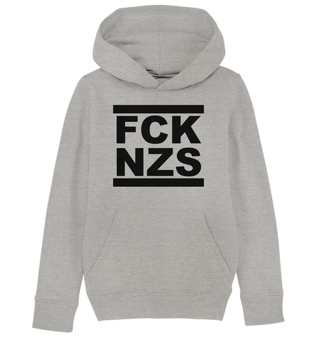 N.O.S.W. BLOCK Gegen Rechts Hoodie "FCK NZS" beidseitig bedruckter Kids Organic Kapuzenpullover heather grau