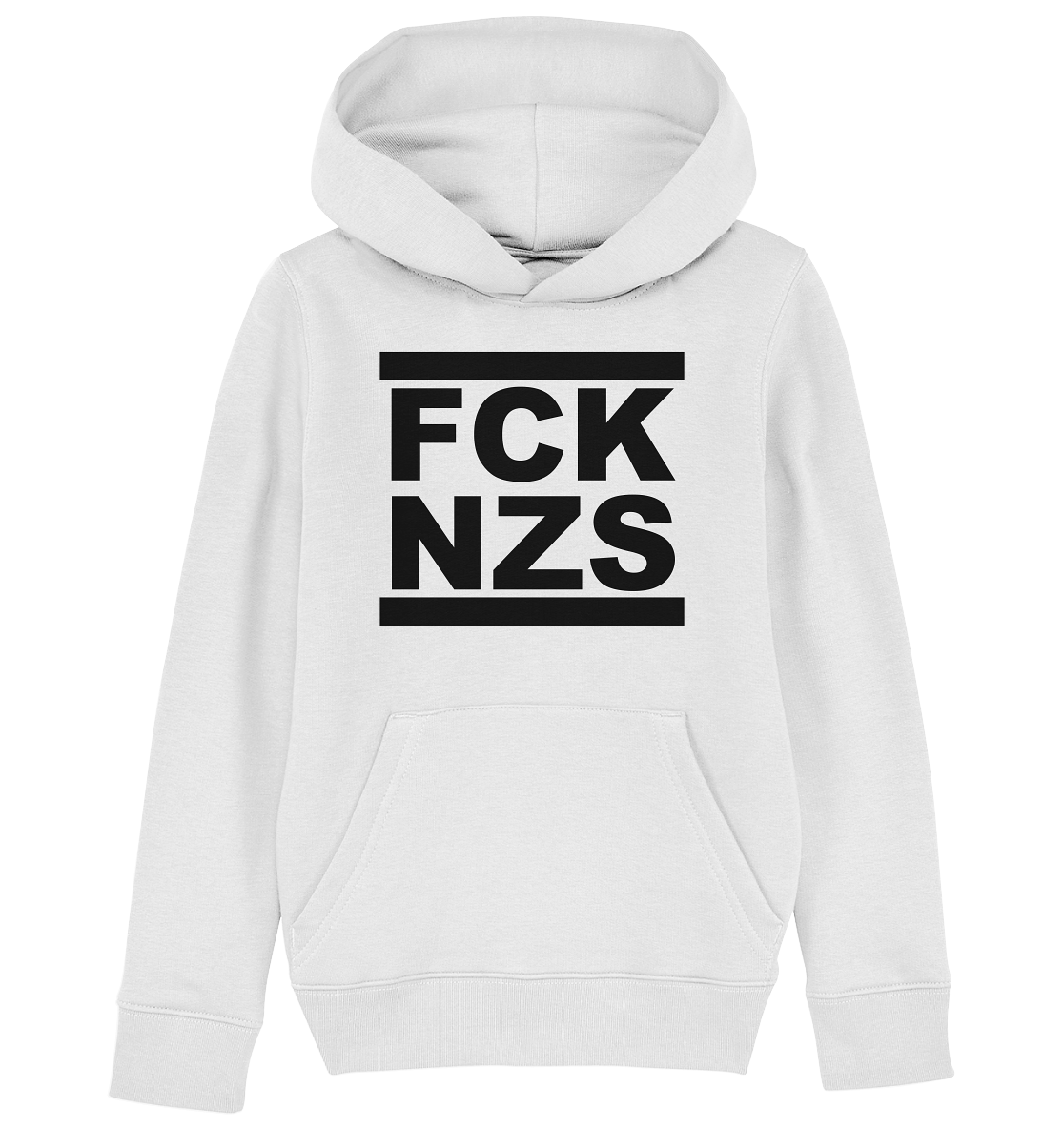 N.O.S.W. BLOCK Gegen Rechts Hoodie "FCK NZS" beidseitig bedruckter Kids Organic Kapuzenpullover weiss