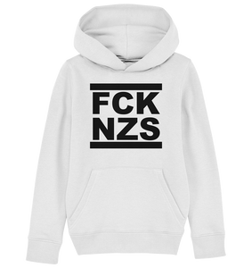 N.O.S.W. BLOCK Gegen Rechts Hoodie "FCK NZS" beidseitig bedruckter Kids Organic Kapuzenpullover weiss