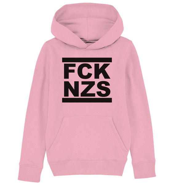 N.O.S.W. BLOCK Gegen Rechts Hoodie "FCK NZS" beidseitig bedruckter Kids Organic Kapuzenpullover cotton pink