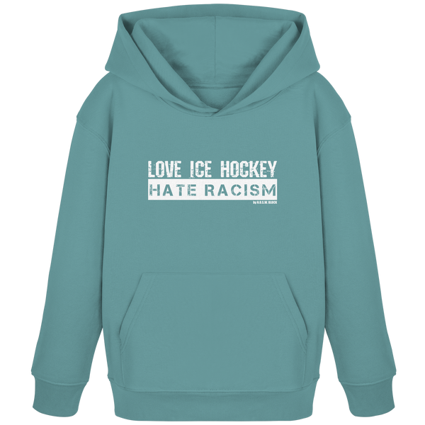 N.O.S.W. BLOCK Gegen Rechts Hoodie "LOVE ICE HOCKEY HATE RACISM" Kids UNISEX Organic Kapuzenpullover teal monstera