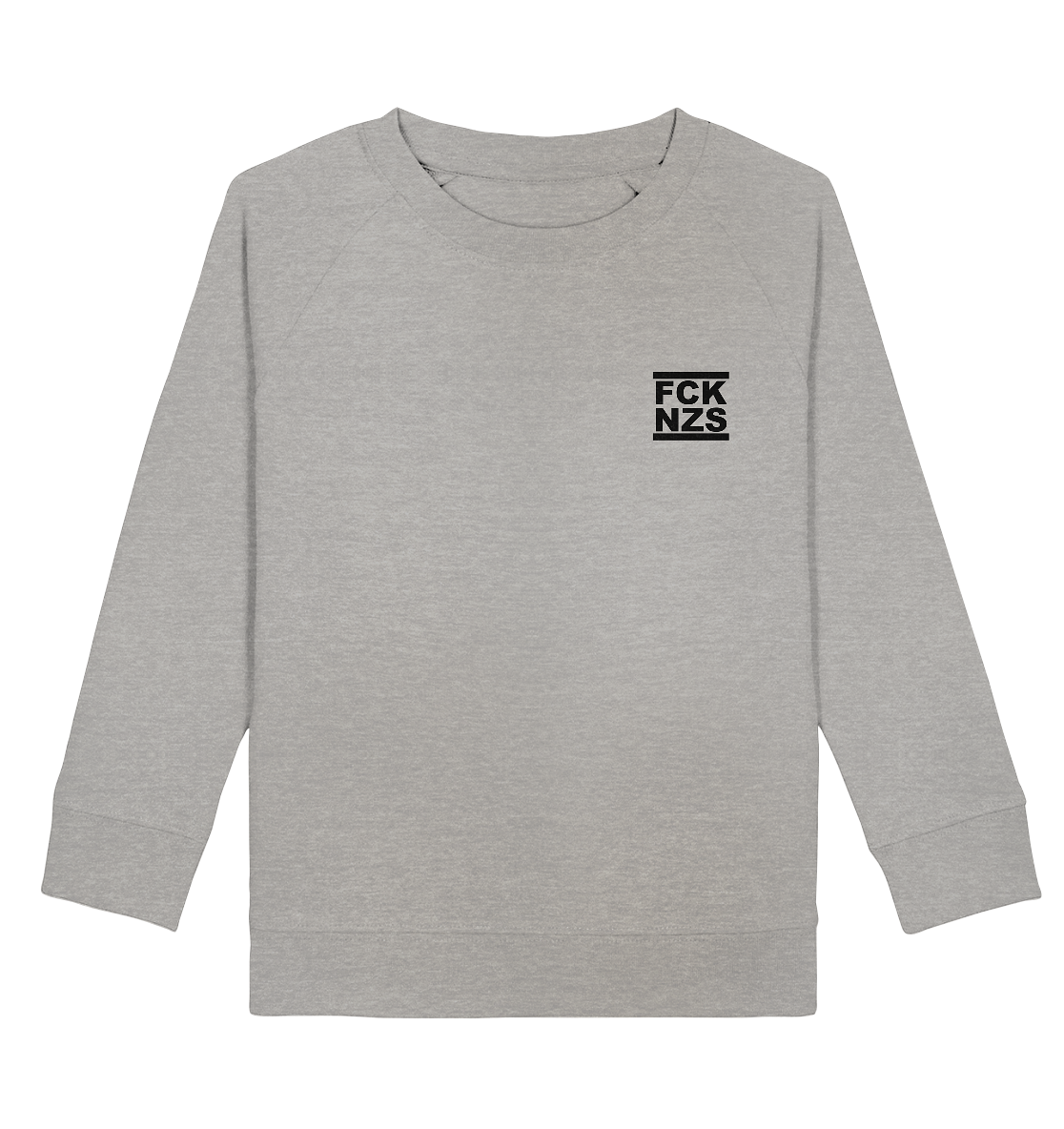 N.O.S.W. BLOCK Gegen Rechts Sweater "FCK NZS" beidseitig bedruckter Kids UNISEX Organic Sweatshirt heather grau