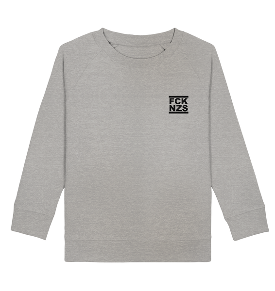 N.O.S.W. BLOCK Gegen Rechts Sweater "FCK NZS" beidseitig bedruckter Kids UNISEX Organic Sweatshirt heather grau
