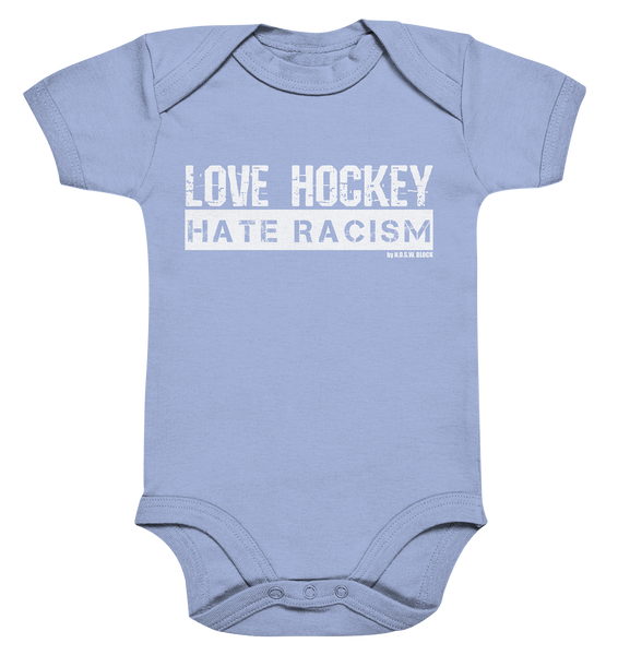 N.O.S.W. BLOCK Gegen Rechts Body "LOVE HOCKEY HATE RACISM" Organic Baby Bodysuite dusty blue