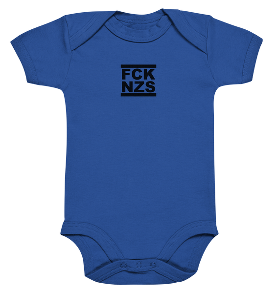 N.O.S.W. BLOCK Gegen Rechts Hoodie "FCK NZS" beidseitig bedruckter Organic Baby Bodysuite cobalt blue organic