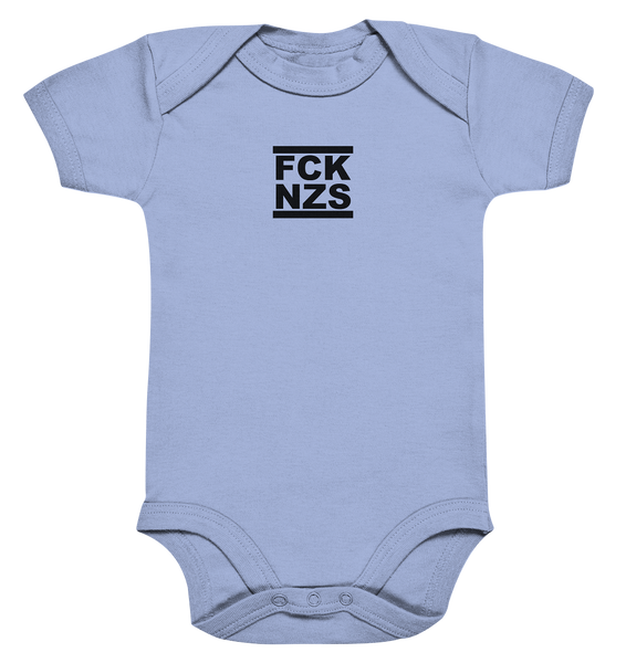 N.O.S.W. BLOCK Gegen Rechts Hoodie "FCK NZS" beidseitig bedruckter Organic Baby Bodysuite dusty blue