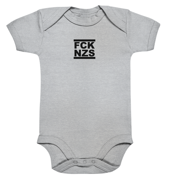 N.O.S.W. BLOCK Gegen Rechts Hoodie "FCK NZS" beidseitig bedruckter Organic Baby Bodysuite heather grey
