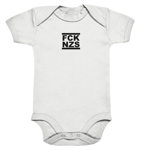 N.O.S.W. BLOCK Gegen Rechts Hoodie "FCK NZS" beidseitig bedruckter Organic Baby Bodysuite weiss