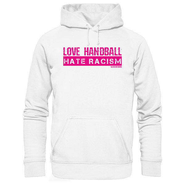 N.O.S.W. BLOCK Handball Hoodie „LOVE HANDBALL HATE RACISM“ – magenta Druck