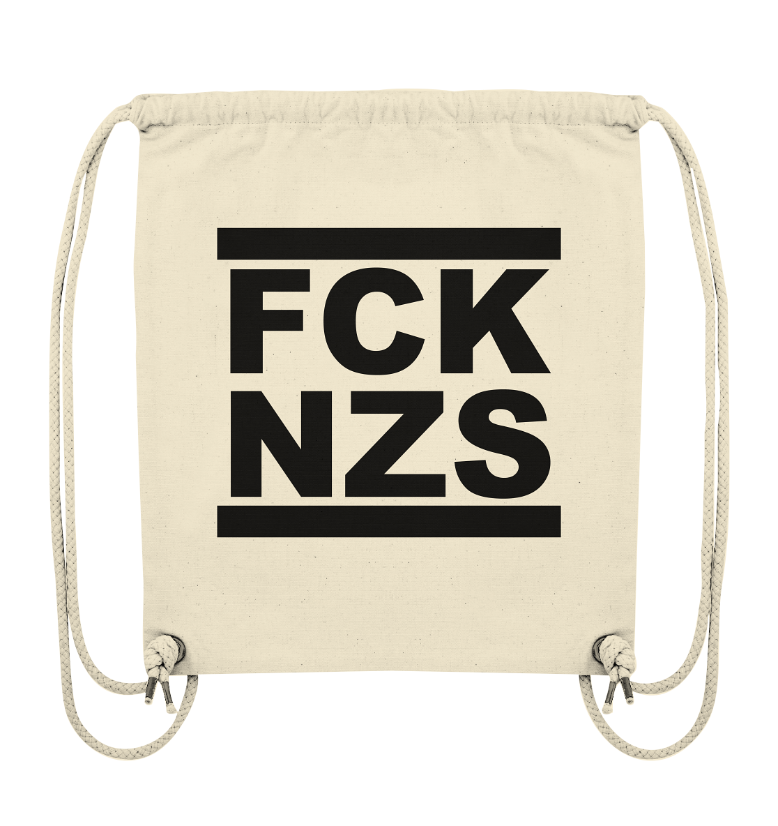 N.O.S.W. BLOCK Gegen Rechts Gym Bag "FCK NZS" beidseitig bedruckter Organic Turnbeutel natural raw