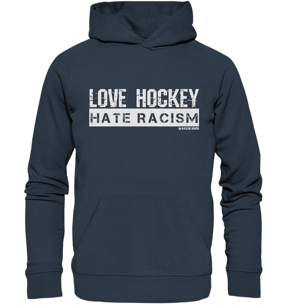 N.O.S.W. BLOCK Gegen Rechts Hoodie "LOVE HOCKEY HATE RACISM" Männer Organic Kapuzenpullover india ink grey