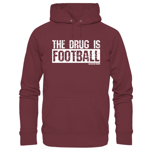 N.O.S.W. BLOCK Fußball Organic Hoodie „THE DRUG IS FOOTBALL“ – weißer Druck