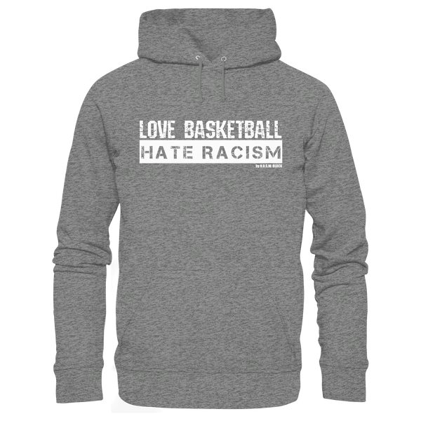N.O.S.W. BLOCK Gegen Rechts Hoodie "LOVE BASKETBALL HATE RACISM" Männer Organic Kapuzenpullover mid heather grey