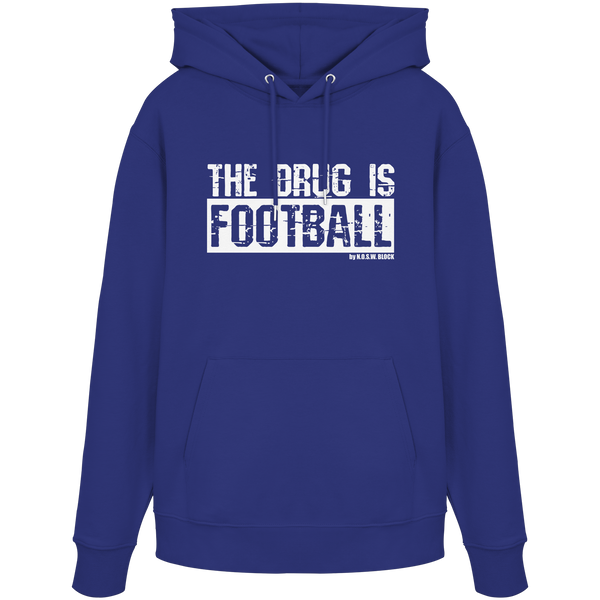 N.O.S.W. BLOCK Fußball Organic Hoodie „THE DRUG IS FOOTBALL“ – weißer Druck