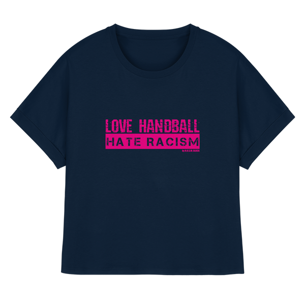 "LOVE HANDBALL HATE RACISM" magenta - Womens Organic Rolled Sleeves T-Shirt