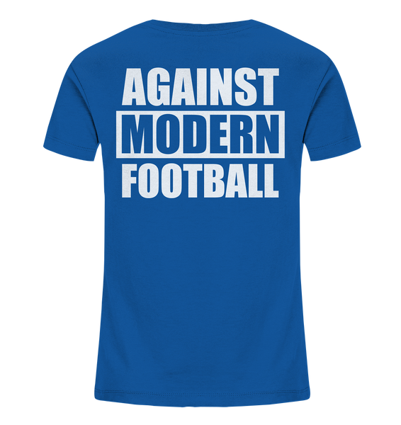 N.O.S.W. BLOCK Fanblock Shirt "AGAINST MODERN FOOTBALL" beidseitig bedrucktes Kids UNISEX Organic T-Shirt blau