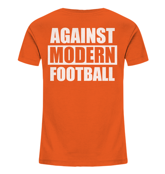 N.O.S.W. BLOCK Fanblock Shirt "AGAINST MODERN FOOTBALL" beidseitig bedrucktes Kids UNISEX Organic T-Shirt orange