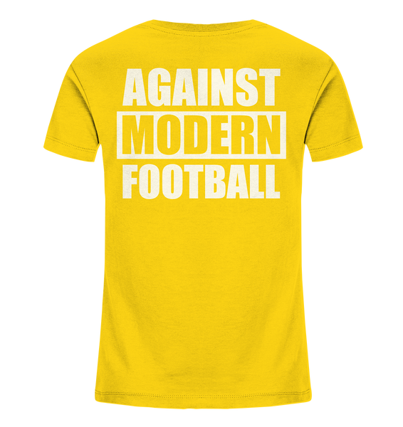 N.O.S.W. BLOCK Fanblock Shirt "AGAINST MODERN FOOTBALL" beidseitig bedrucktes Kids UNISEX Organic T-Shirt gelb