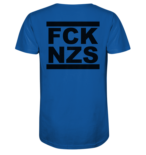 N.O.S.W. BLOCK Gegen Rechts Shirt "FCK NZS" beidseitig bedrucktes Männer Organic V-Neck T-Shirt blau
