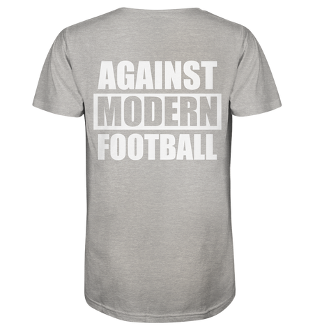 N.O.S.W. BLOCK Fanblock Shirt "AGAINST MODERN FOOTBALL" beidseitig bedrucktes Organic V-Neck T-Shirt heather grau