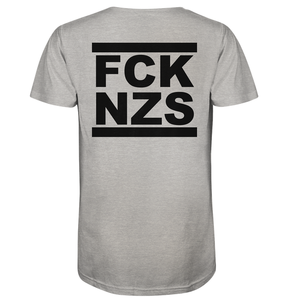 N.O.S.W. BLOCK Gegen Rechts Shirt "FCK NZS" beidseitig bedrucktes Männer Organic V-Neck T-Shirt heather grau