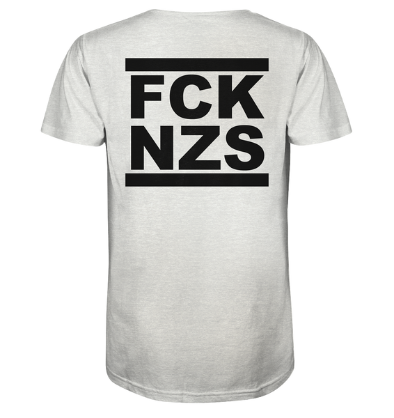 N.O.S.W. BLOCK Gegen Rechts Shirt "FCK NZS" beidseitig bedrucktes Männer Organic V-Neck T-Shirt creme heather grau