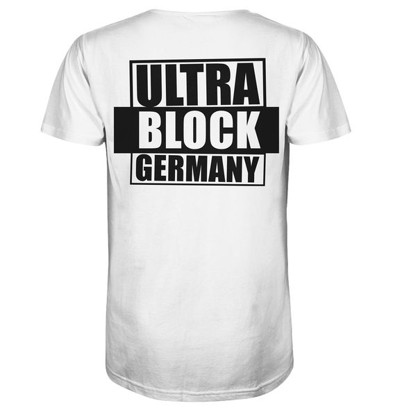 N.O.S.W. BLOCK Ultras Shirt "ULTRA BLOCK GERMANY" beidseitig bedrucktes Männer Organic V-Neck T-Shirt weiss