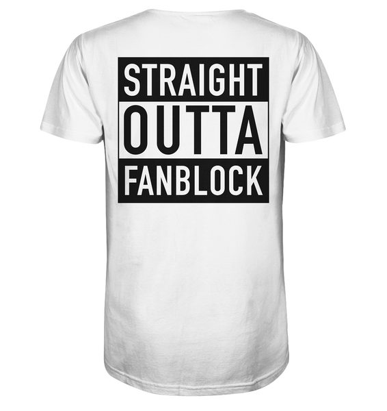 N.O.S.W. BLOCK Shirt "STRAIGHT OUTTA FANBLOCK" Männer Organic V-Neck T-Shirt weiss