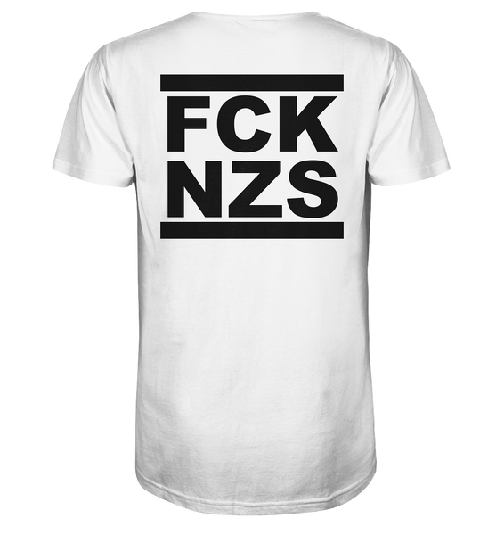 N.O.S.W. BLOCK Gegen Rechts Shirt "FCK NZS" beidseitig bedrucktes Männer Organic V-Neck T-Shirt weiss