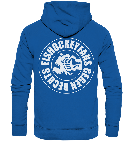 N.O.S.W. BLOCK Gegen Rechts Hoodie "EISHOCKEYFANS GEGEN RECHTS" beidseitig bedruckter Männer Organic Basic Kapuzenpullover blau