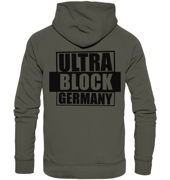 N.O.S.W. BLOCK Ultras Hoodie "ULTRA BLOCK GERMANY" beidseitig bedruckter Männer Organic Basic Kapuzenpullover khaki