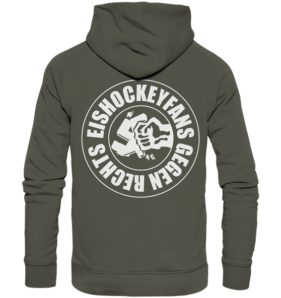 N.O.S.W. BLOCK Gegen Rechts Hoodie "EISHOCKEYFANS GEGEN RECHTS" beidseitig bedruckter Männer Organic Basic Kapuzenpullover khaki