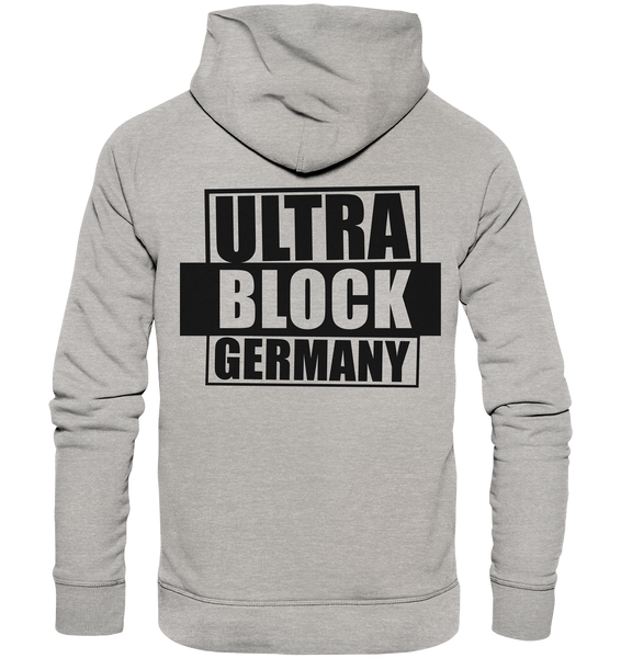 N.O.S.W. BLOCK Ultras Hoodie "ULTRA BLOCK GERMANY" beidseitig bedruckter Männer Organic Basic Kapuzenpullover heather grau