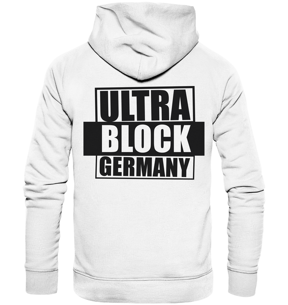 N.O.S.W. BLOCK Ultras Hoodie "ULTRA BLOCK GERMANY" beidseitig bedruckter Männer Organic Basic Kapuzenpullover weiss