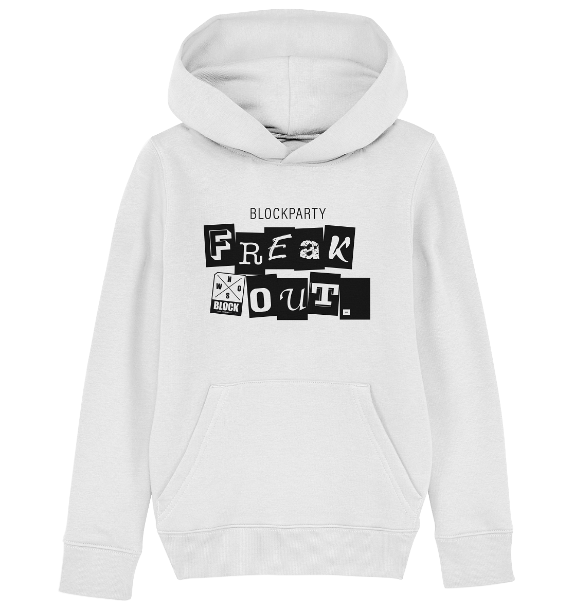 N.O.S.W. BLOCK Fanblock Hoodie "FREAK OUT." Kids Organic Kapuzenpullover weiss