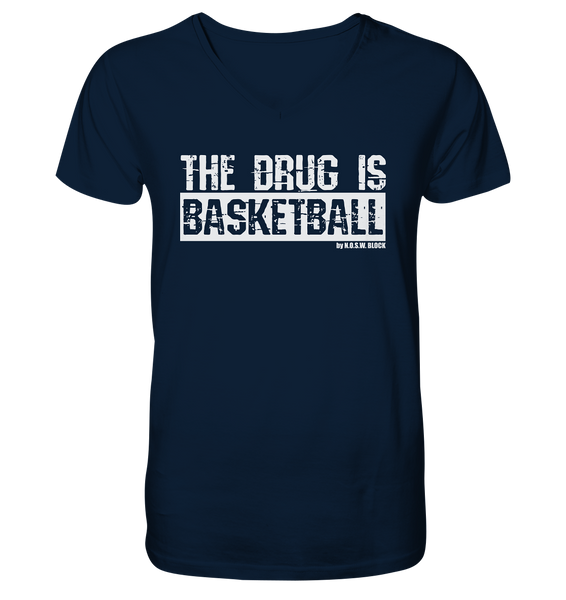 N.O.S.W. BLOCK Fanblock Shirt "THE DRUG IS BASKETBALL" Männer Organic V-Neck T-Shirt navy