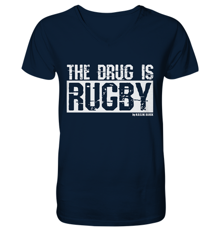 N.O.S.W. BLOCK Fanblock Shirt "THE DRUG IS RUGBY" Männer Organic V-Neck T-Shirt navy