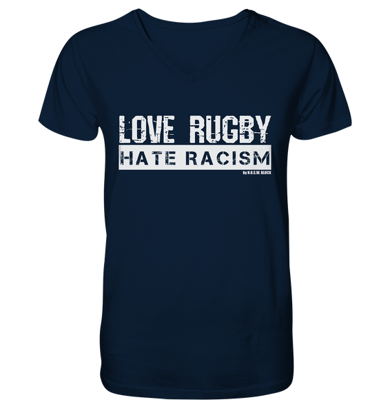 N.O.S.W. BLOCK Gegen Rechts Shirt "LOVE RUGBY HATE RACISM" Männer Organic V-Neck T-Shirt navy