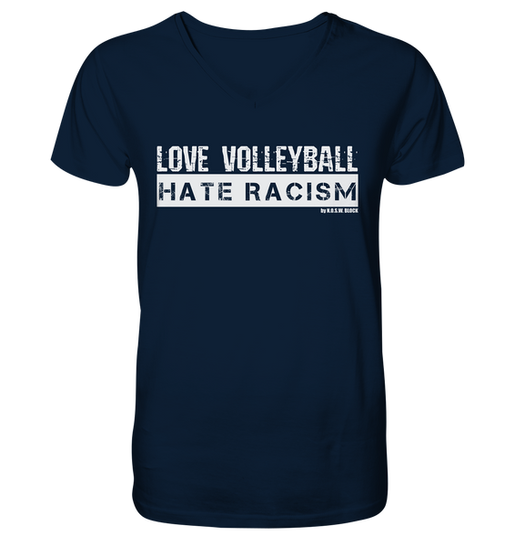 N.O.S.W. BLOCK Gegen Rechts Shirt "LOVE VOLLEYBALL HATE RACISM" Männer Organic V-Neck T-Shirt navy
